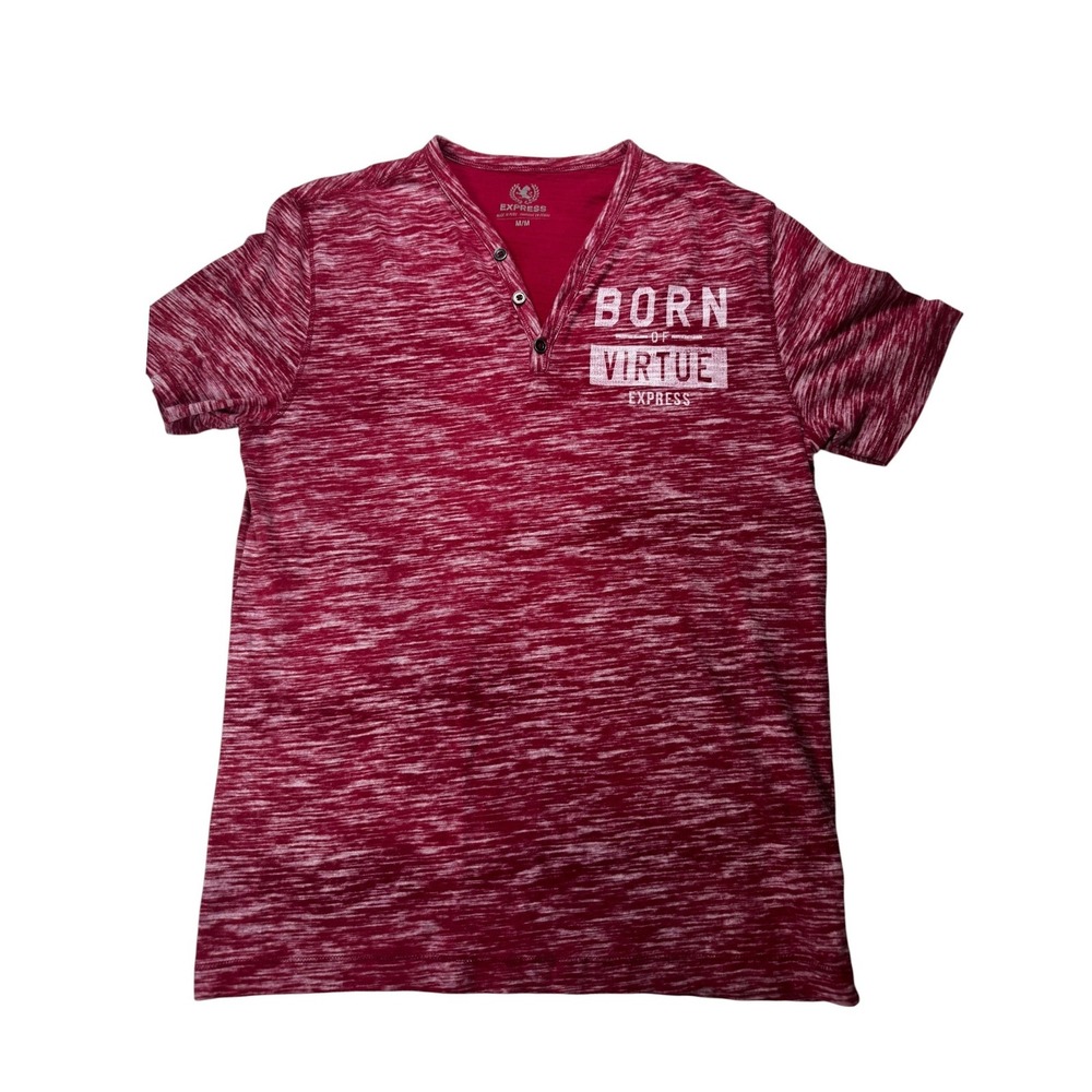 Express Born of Virtue Red Space Dye Henley T-Shirt Men's Medium Graphic Tee